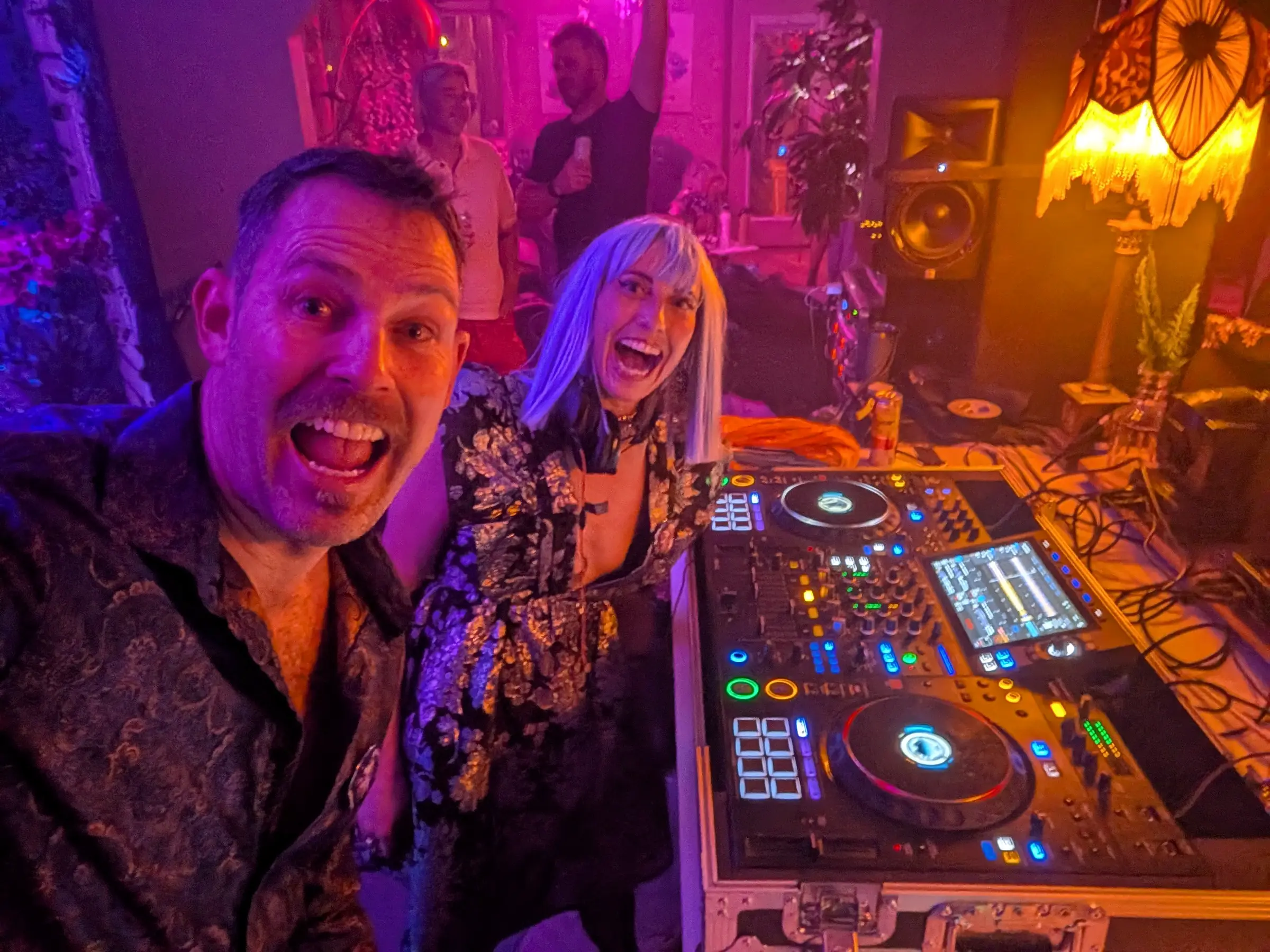 The two of us behind the decks, mid-set